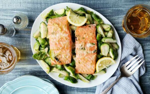 Air Fryer Miso Glazed Salmon With Brussels Sprouts