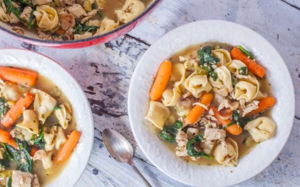 Chicken Tortellini Soup With Mushrooms and Spinach