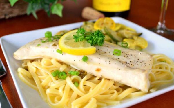 Grilled Fish  With Garlic, White Wine and Butter Sauce