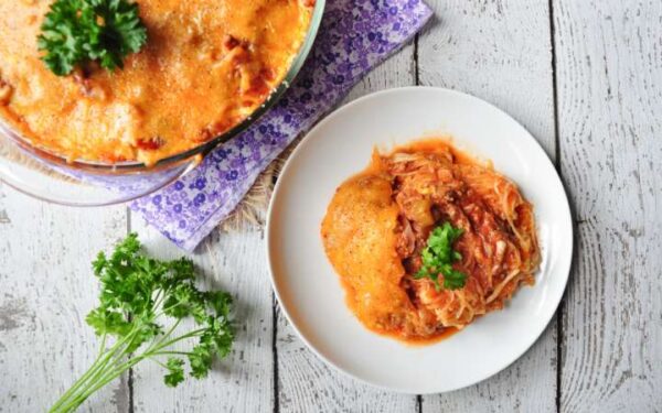 Low Carb Beef and Cheesy Spaghetti Squash Bake!