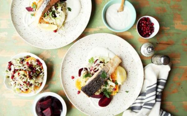 Perfectly Cooked Salmon With 2 Fruit Slaw