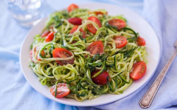 (Raw) Angel-Hair Zucchini "pasta" With Fresh Pesto